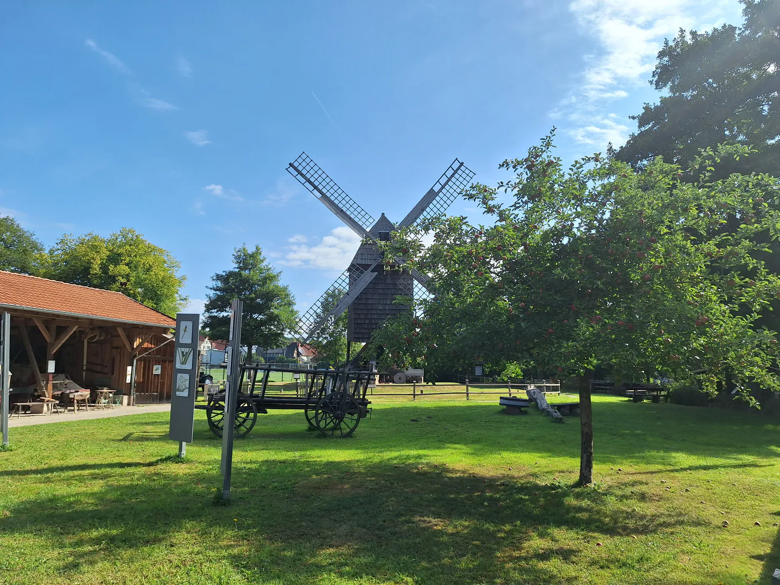 Historische Windmühle und alte Kutsche auf dem Freigelände des Europäischen Brotmuseums Ebergötzen