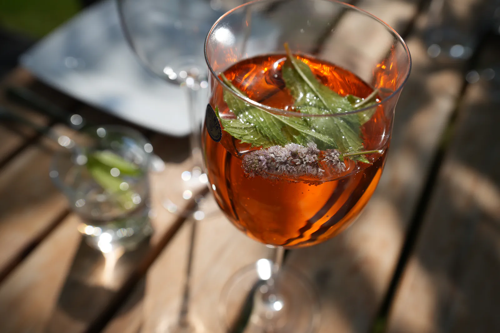 Aperol Spritz mit frischer Minze auf dem Gartentisch