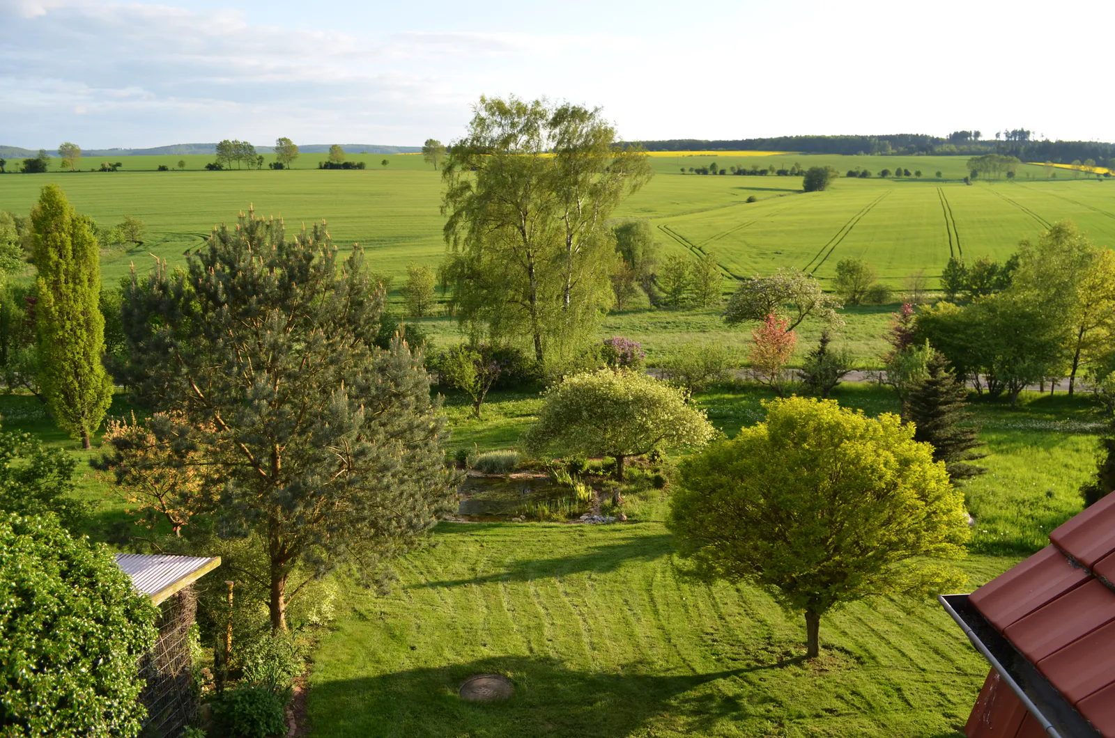 Weiter Blick über die Frühlingsfelder rund um die Pension Volgenandt