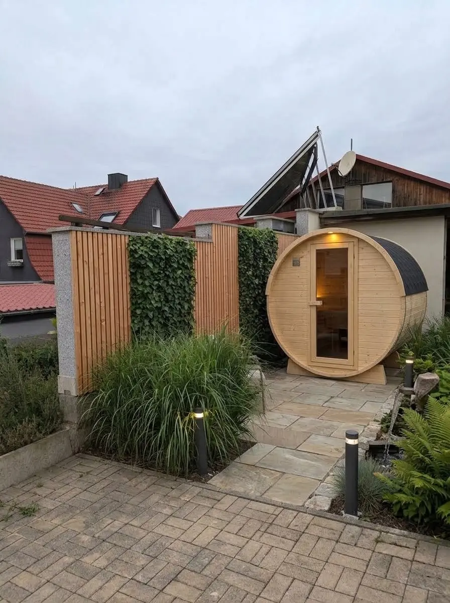 Visualisation: wooden barrel sauna in the garden of Pension Volgenandt