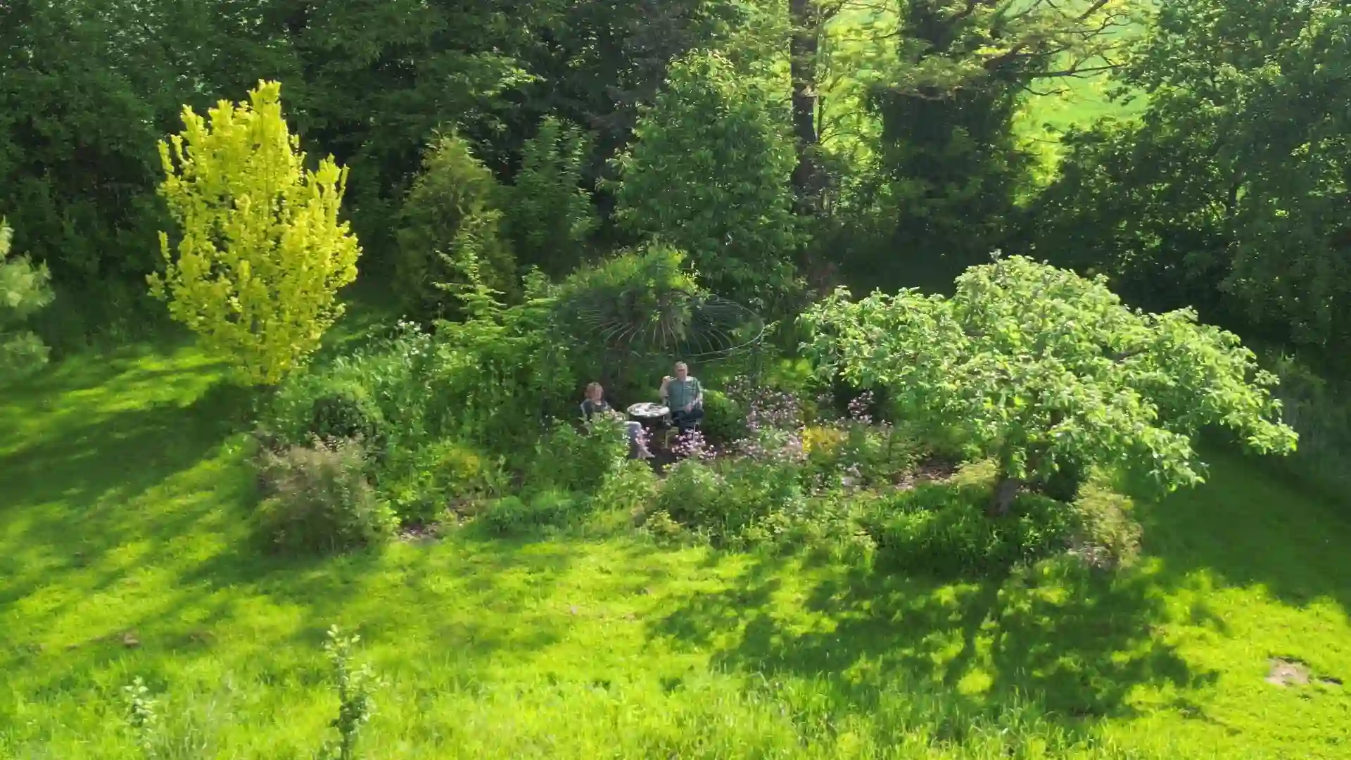 Blick aus der Luft über den grünen Garten der Pension Volgenandt